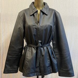 Black Leather Jacket with Classic Fit and Wide Collar